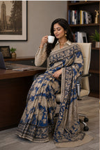 Hand Painted Kalamkari Pitchwai Mul Cotton Saree in Beige & Indigo