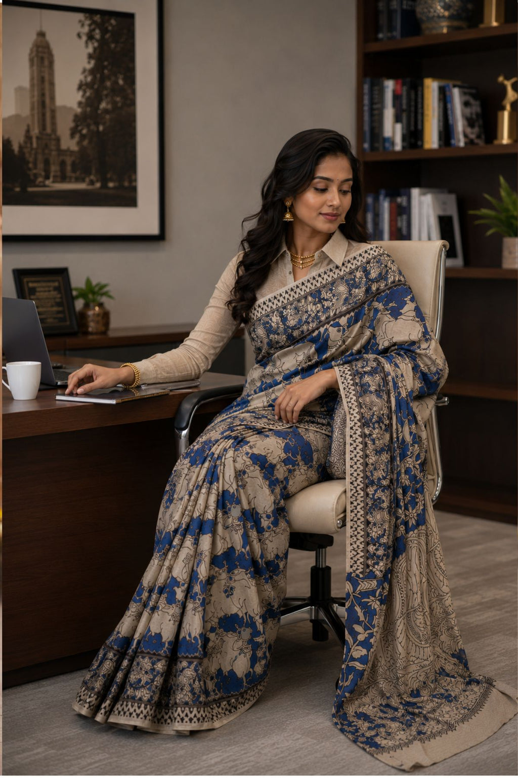 Hand Painted Kalamkari Pitchwai Mul Cotton Saree in Beige & Indigo