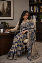 Hand Painted Kalamkari Pitchwai Mul Cotton Saree in Beige & Indigo