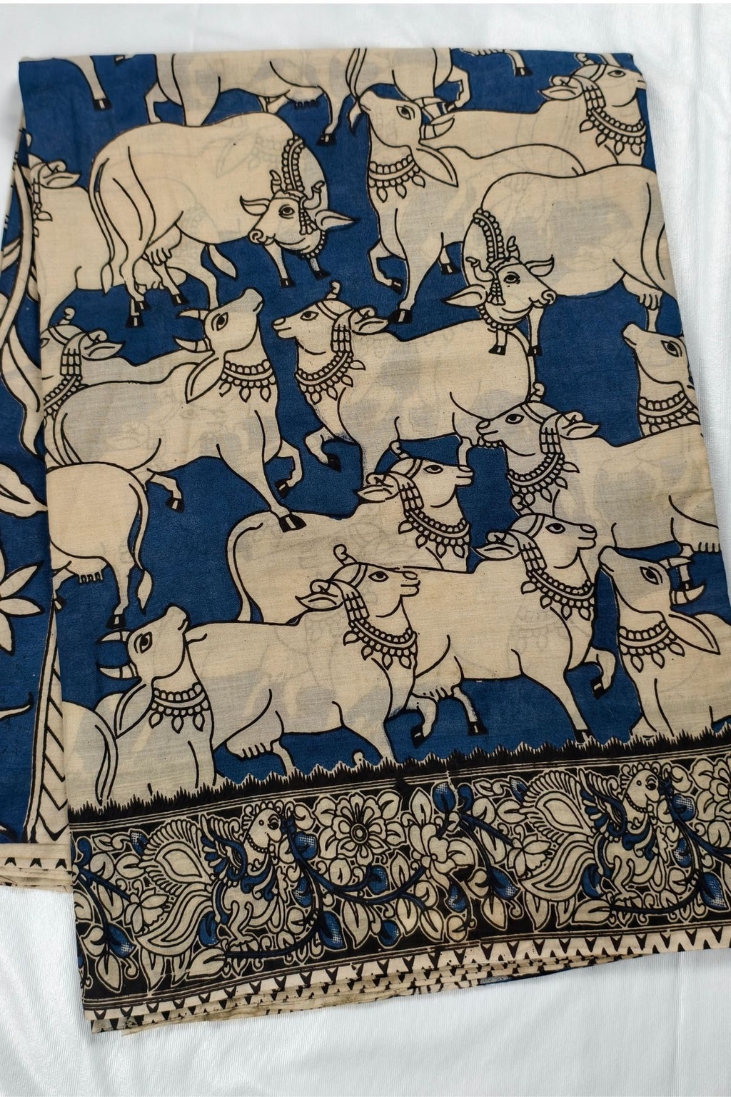 Hand Painted Kalamkari Pitchwai Mul Cotton Saree in Beige & Indigo