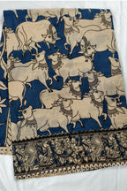 Hand Painted Kalamkari Pitchwai Mul Cotton Saree in Beige & Indigo