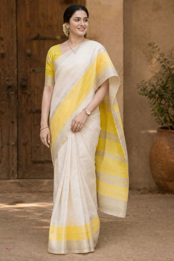 Celebrity Inspired- Mangalagiri Pattu Saree in Ivory White with Yellow Zari Border