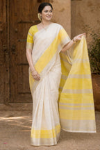 Celebrity Inspired- Mangalagiri Pattu Saree in Ivory White with Yellow Zari Border