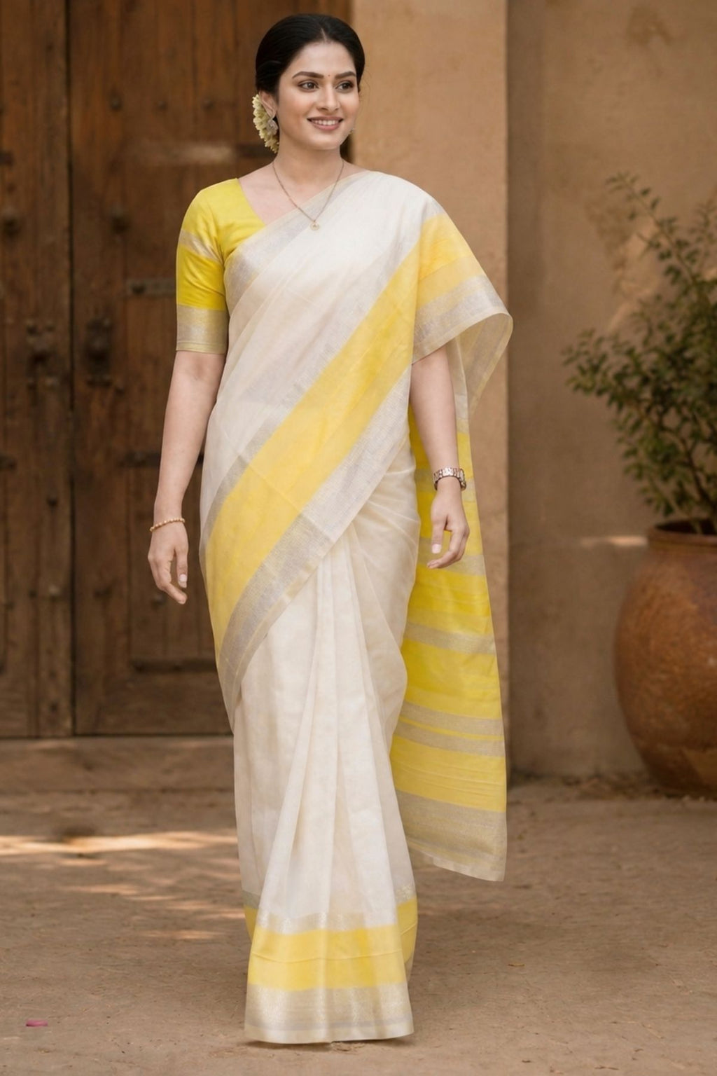 Celebrity Inspired- Mangalagiri Pattu Saree in Ivory White with Yellow Zari Border