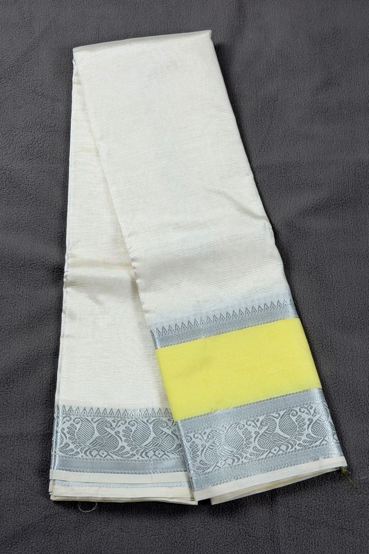 Celebrity Inspired- Mangalagiri Pattu Saree in Ivory White with Yellow Zari Border