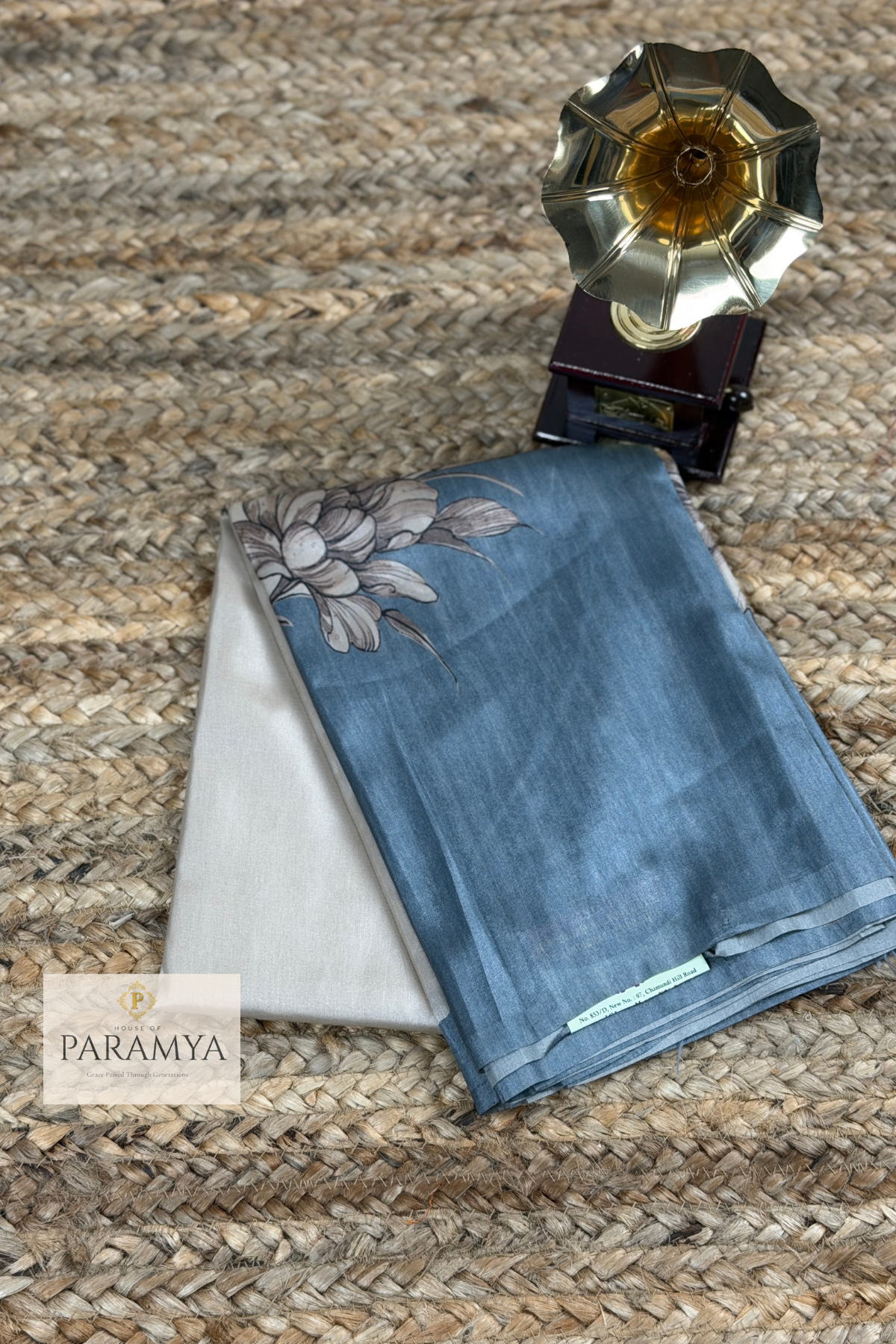 Pure Mysore Silk Saree in Beige and Blue with Floral Print