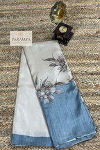 Pure Mysore Silk Saree in Beige and Blue with Floral Print