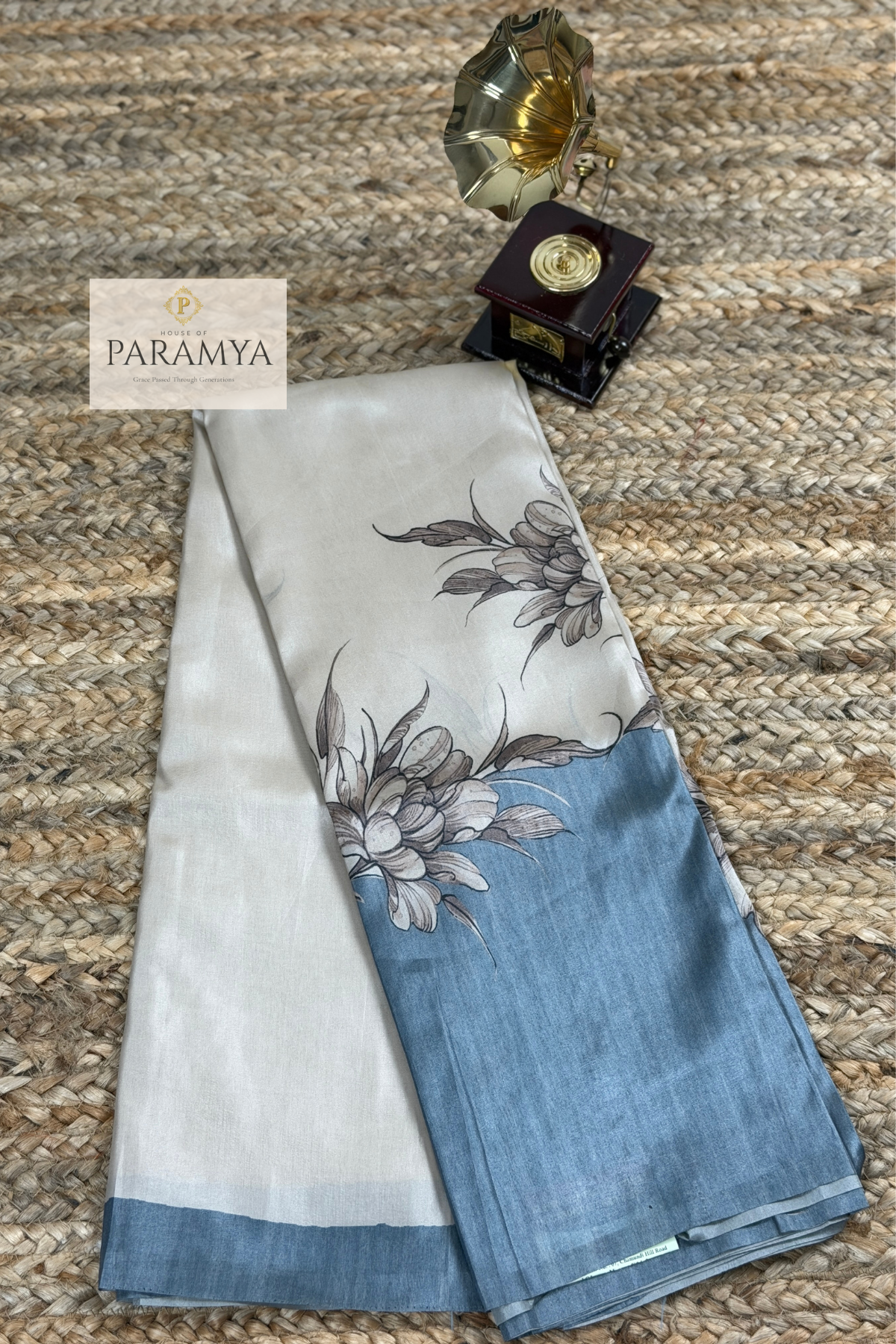 Pure Mysore Silk Saree in Beige and Blue with Floral Print