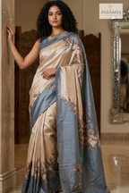 Pure Mysore Silk Saree in Beige and Blue with Floral Print