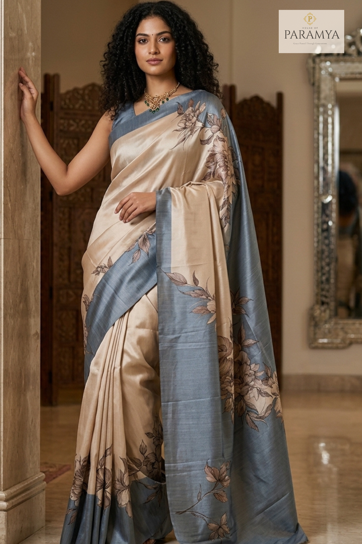 Pure Mysore Silk Saree in Beige and Blue with Floral Print