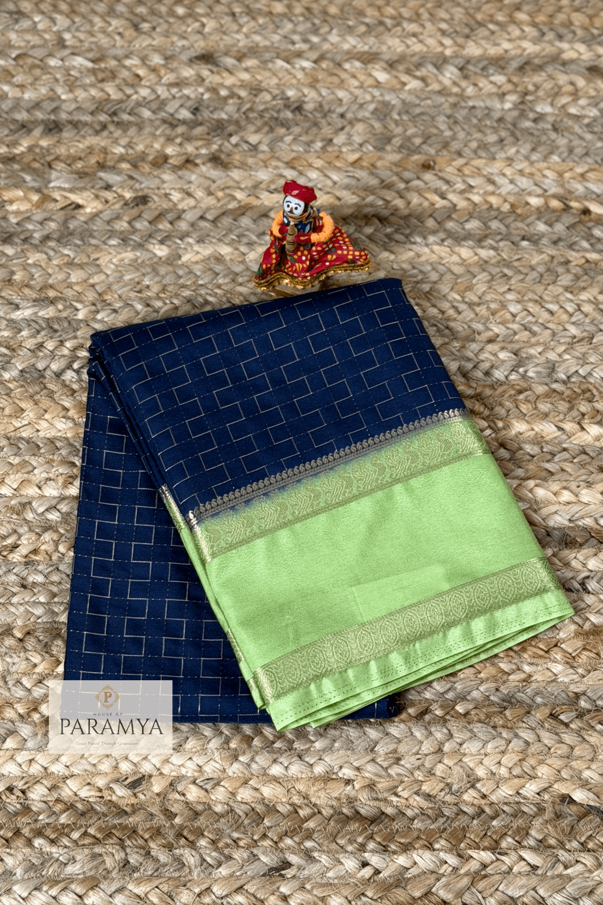 Royal Navy Blue and Pistachio Green Mysore Silk Saree front view — silver zari border | House of Paramya
