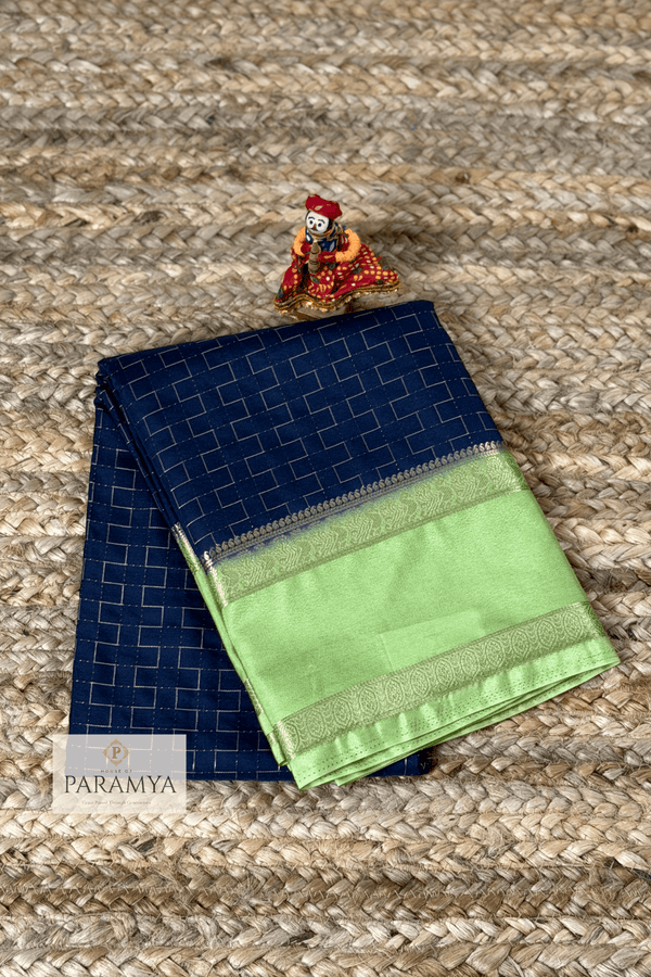 Royal Navy Blue and Pistachio Green Mysore Silk Saree front view — silver zari border | House of Paramya