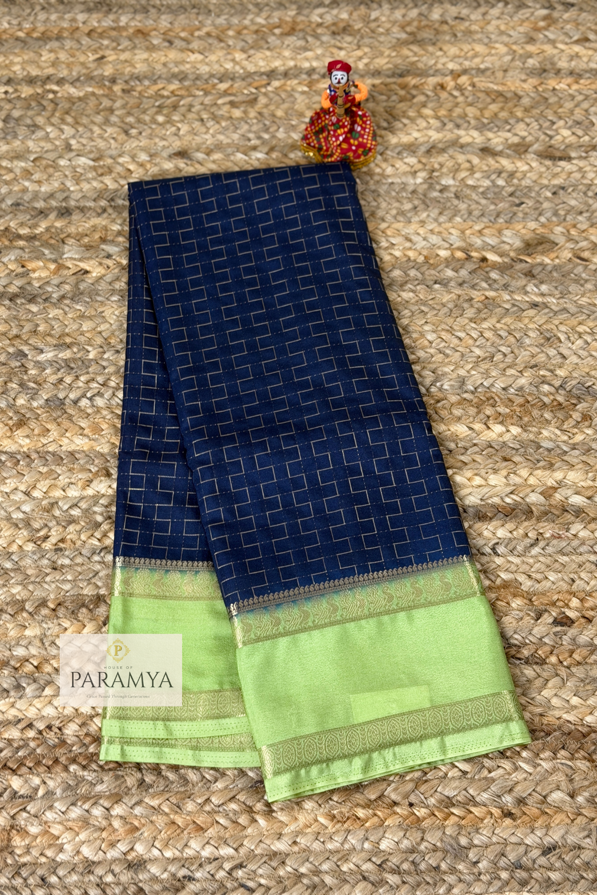 Royal Navy Blue Mysore Silk Saree with Pistachio Green