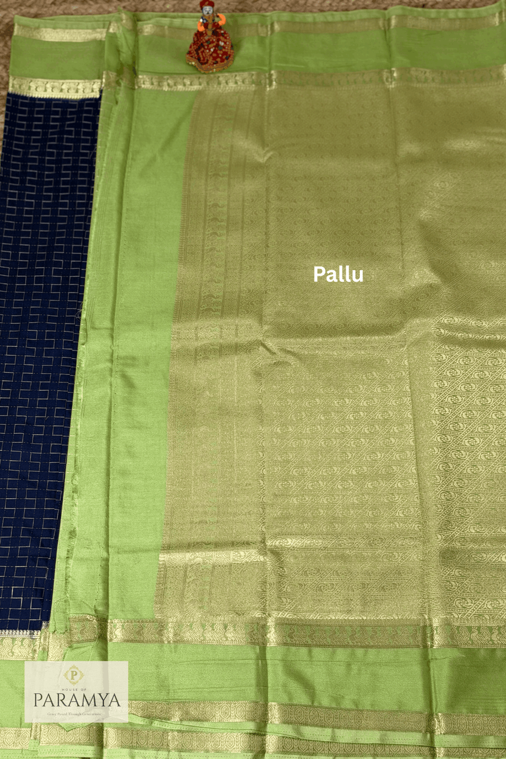 Royal Navy Blue Mysore Silk Saree Pallu detail — navy silk weave with zari checks | House of Paramya