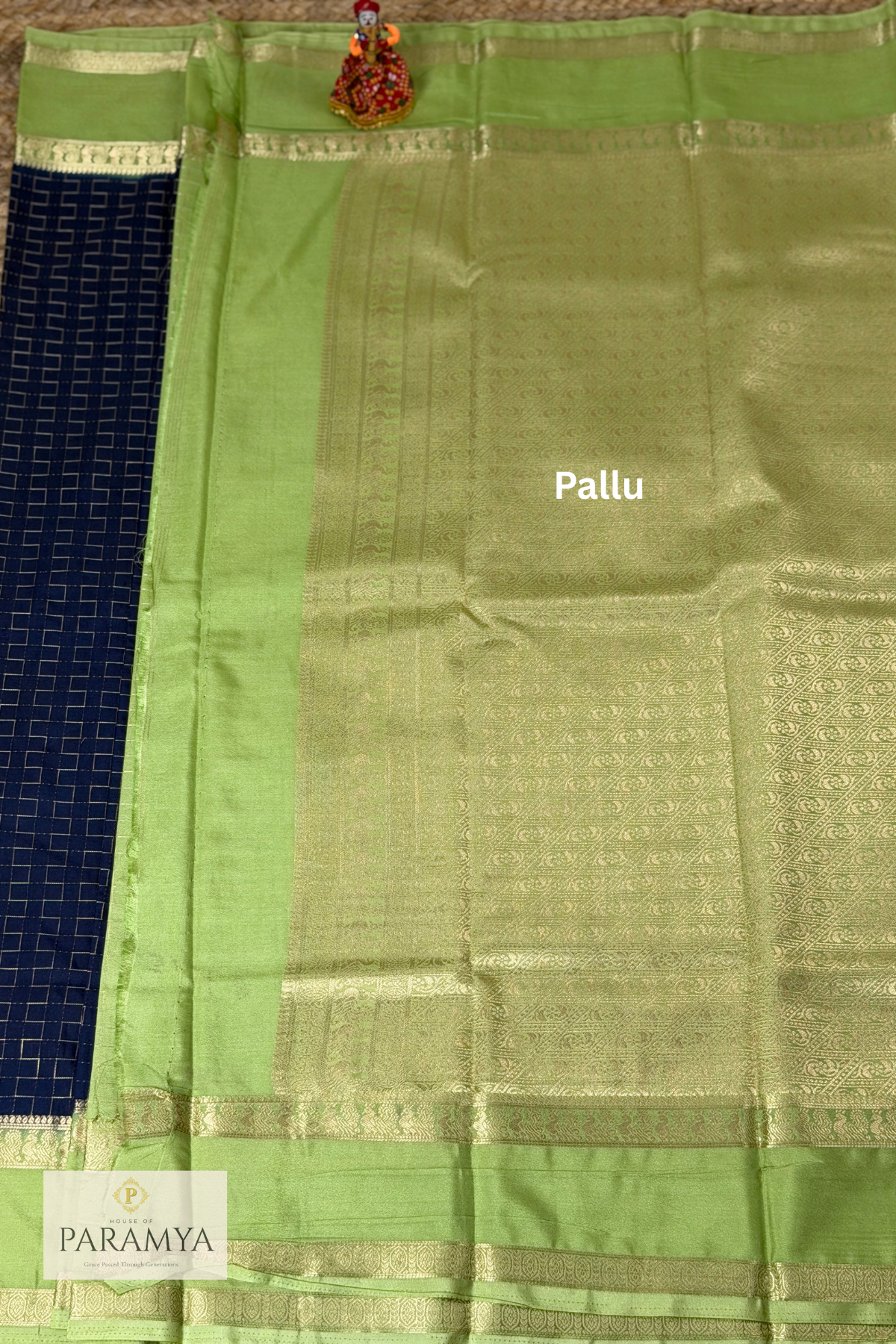 Royal Navy Blue Mysore Silk Saree with Pistachio Green