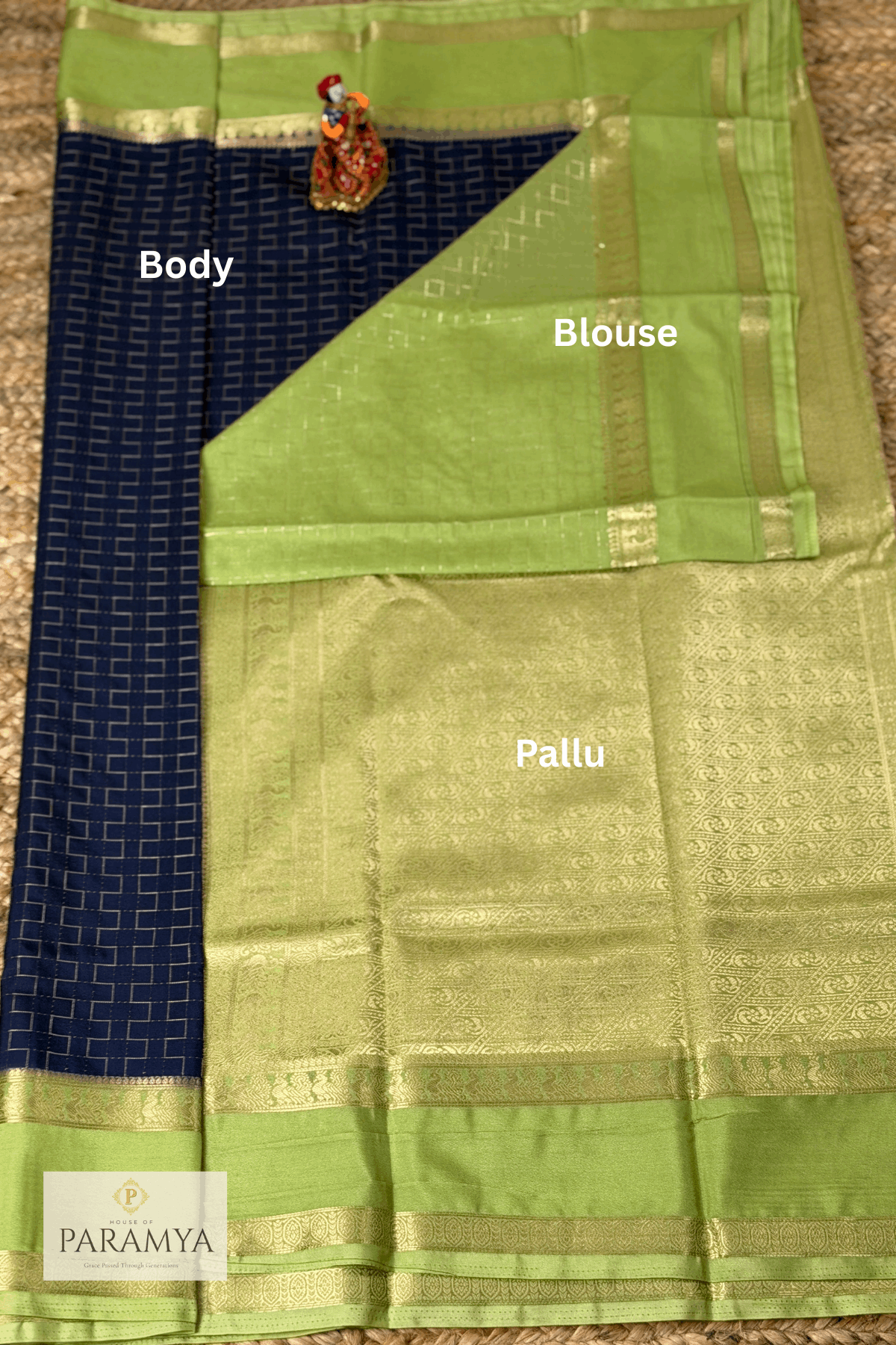 Royal Navy Blue Mysore Silk Saree Pallu , blouse and border detail — silver zari motif border close-up | House of Paramya