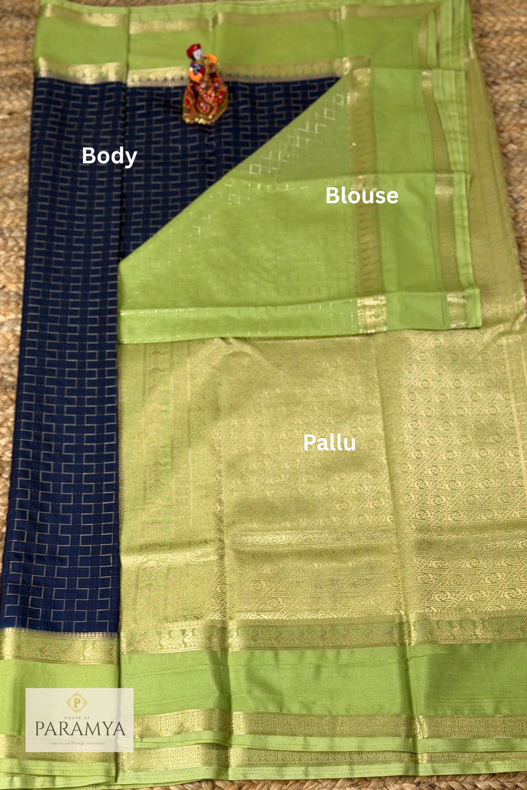 Royal Navy Blue Mysore Silk Saree with Pistachio Green