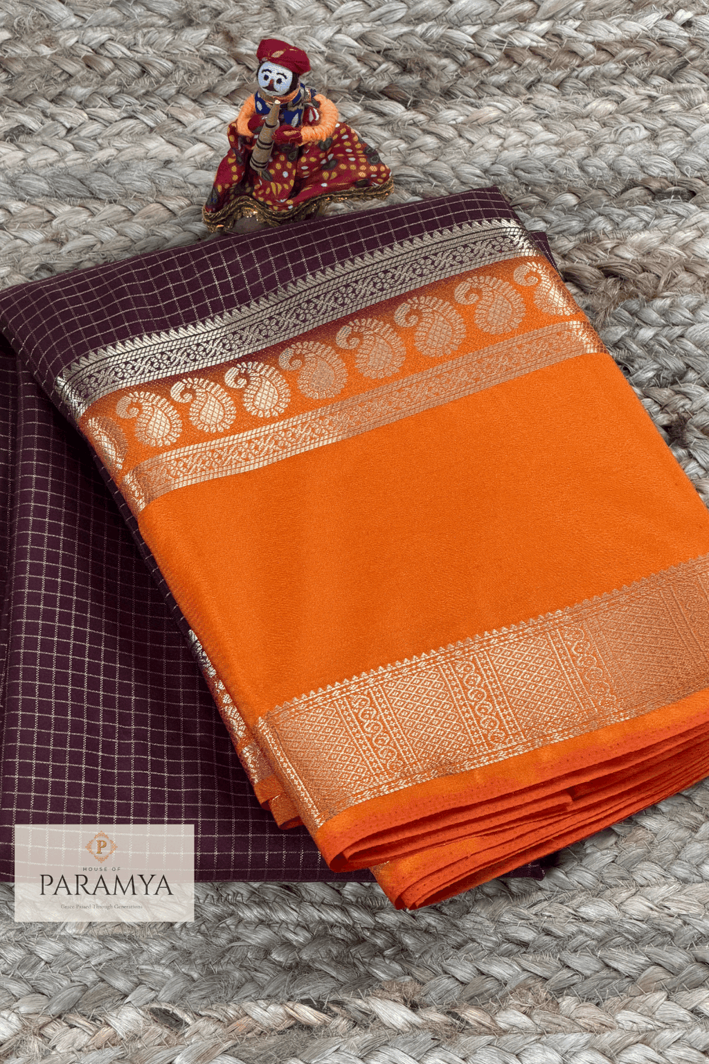Brown and Rust Orange Mysore Silk Saree front view — silver zari mango motif border | House of Paramya