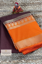 Premium Mysore Silk Saree in Brown & Rust Orange with Silver Zari Mango Motif Border