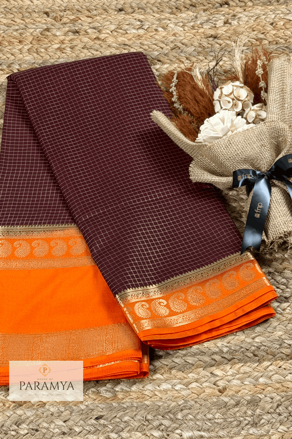 Brown and Rust Orange Mysore Silk Saree view — rust orange pallu with silver zari | House of Paramya