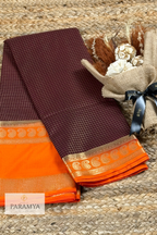 Premium Mysore Silk Saree in Brown & Rust Orange with Silver Zari Mango Motif Border
