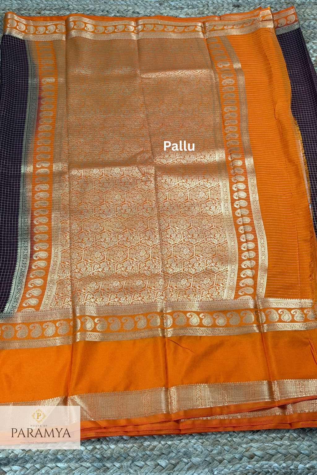 Premium Mysore Silk Saree in Brown & Rust Orange with Silver Zari Mango Motif Border