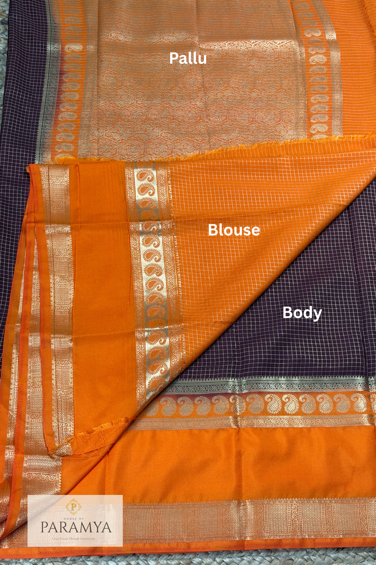 Premium Mysore Silk Saree in Brown & Rust Orange with Silver Zari Mango Motif Border