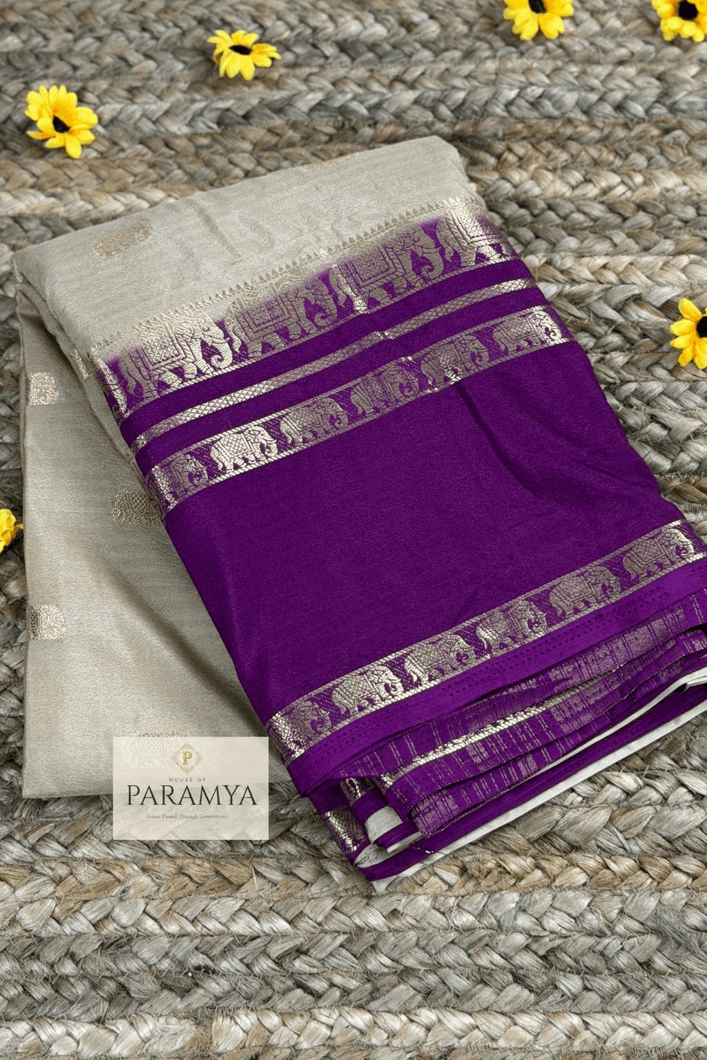 Beige and Purple Mysore Crape Silk Saree front view — elephant motifs with purple border | House of Paramya