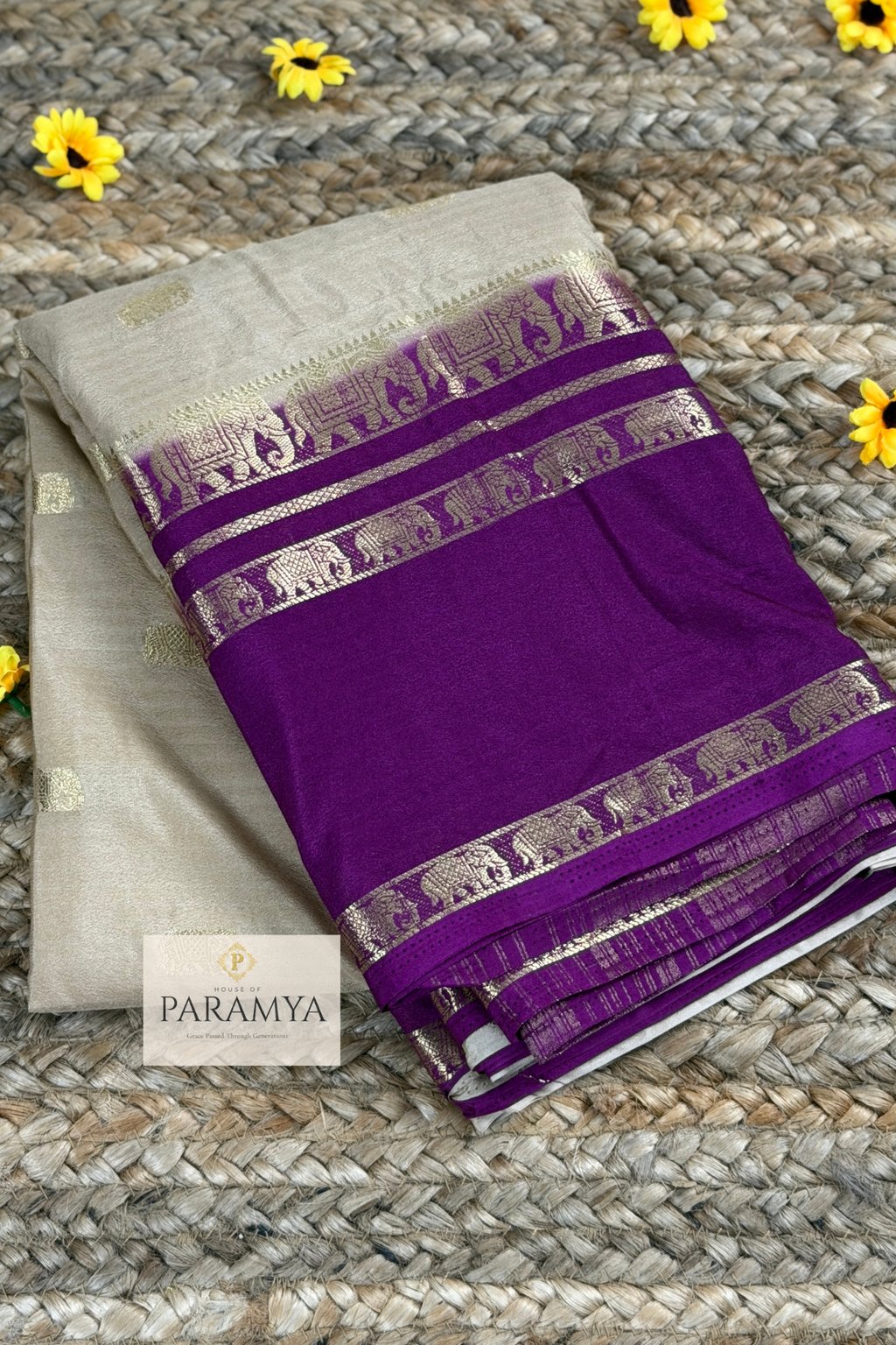 Mysore Crape Silk Saree in Beige and Purple with Elephant Motifs