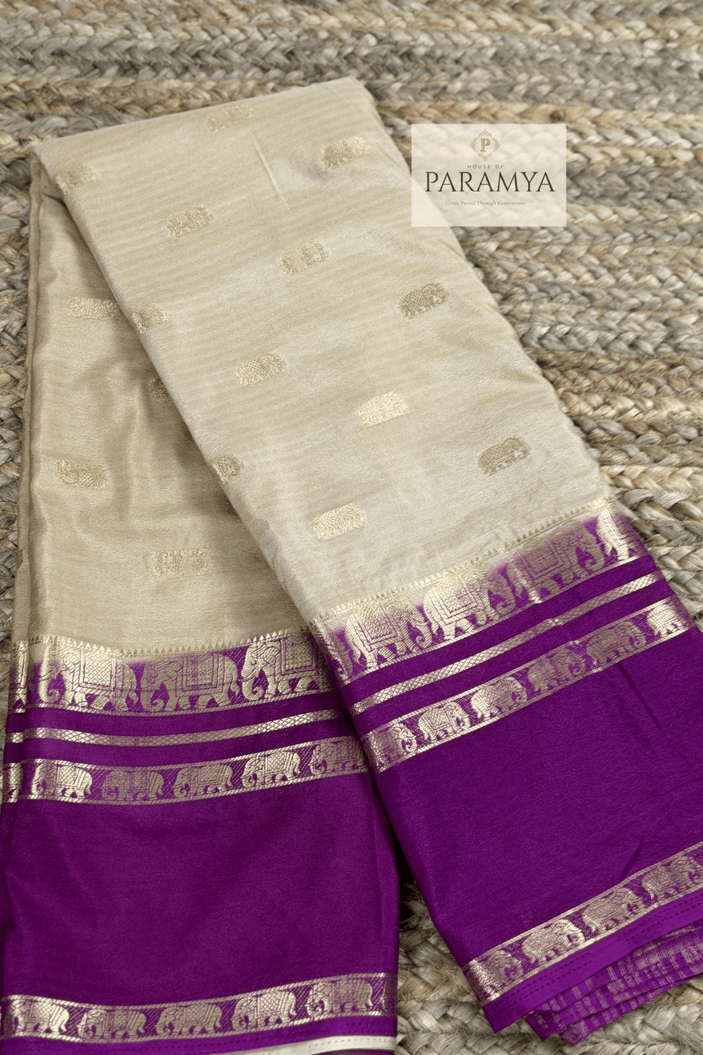 Beige and Purple Mysore Crape Silk Saree view — purple pallu with elephant motif weave | House of Paramya