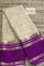Mysore Crape Silk Saree in Beige and Purple with Elephant Motifs