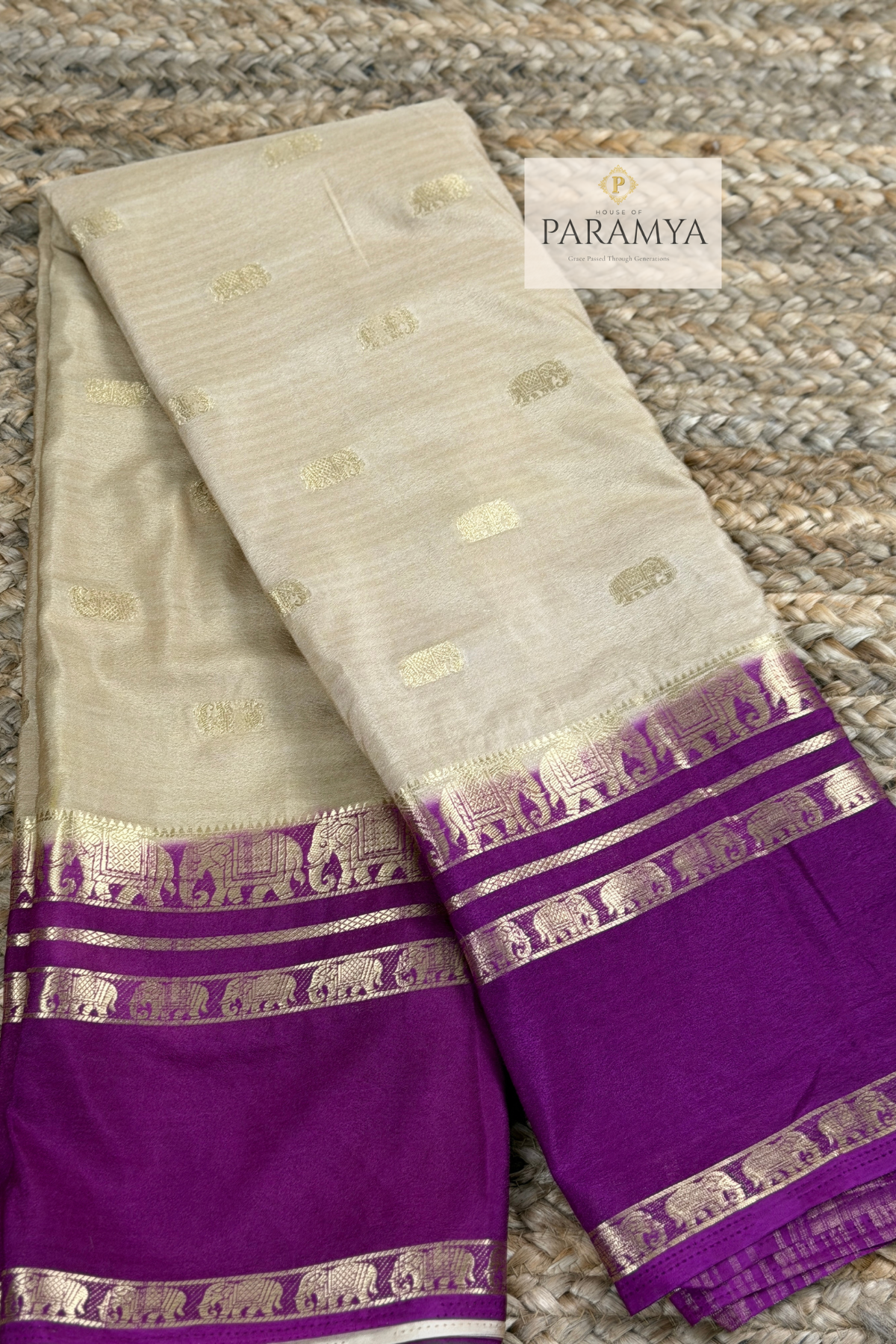 Mysore Crape Silk Saree in Beige and Purple with Elephant Motifs