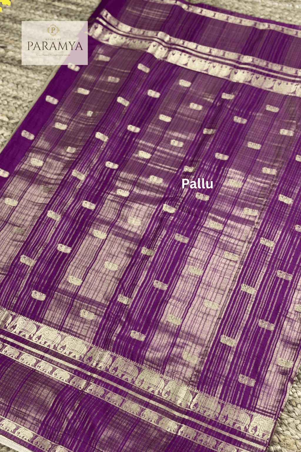 Mysore Crape Silk Saree Pallu detail — beige crape silk texture with woven motifs | House of Paramya
