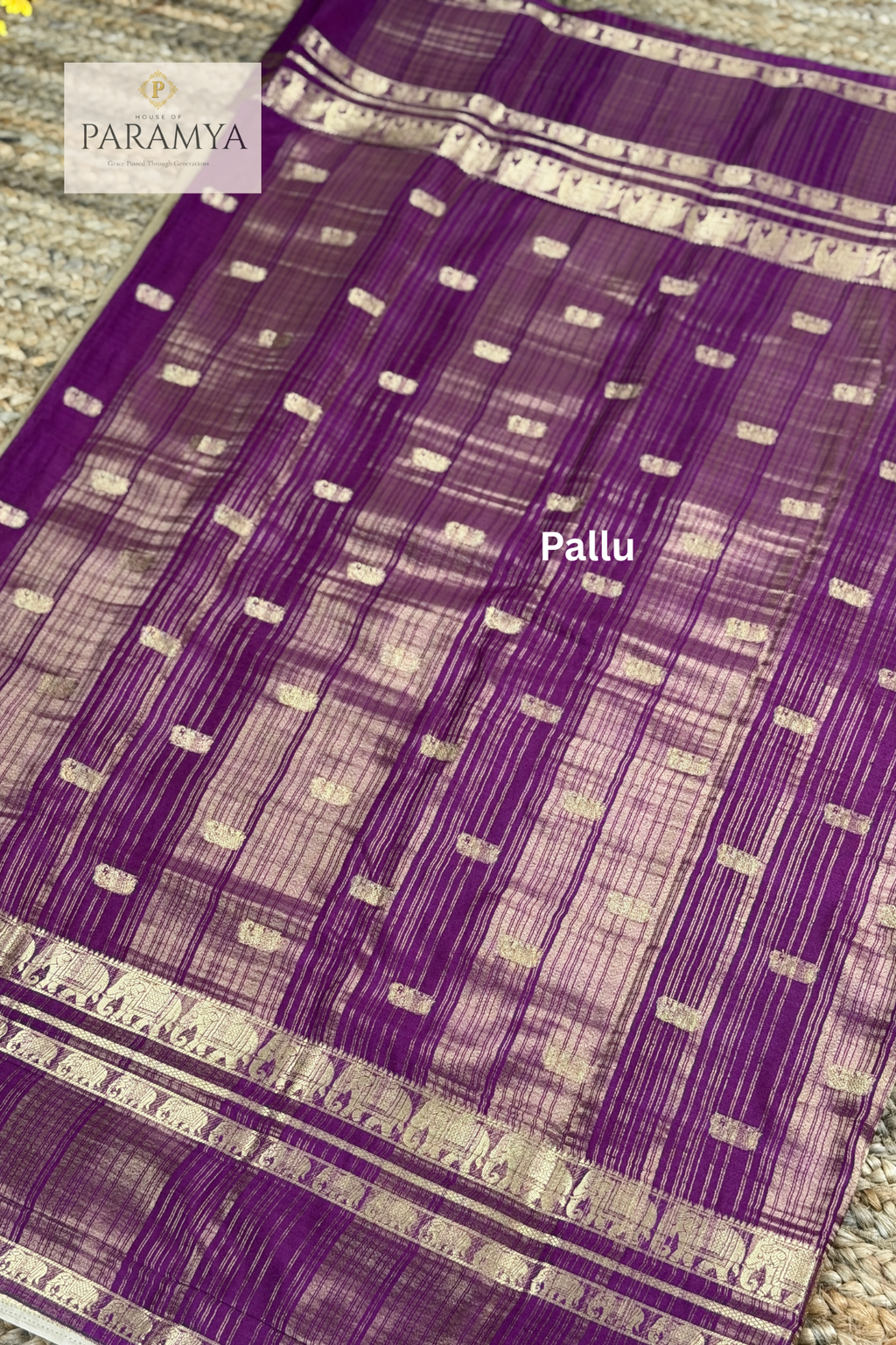 Mysore Crape Silk Saree in Beige and Purple with Elephant Motifs