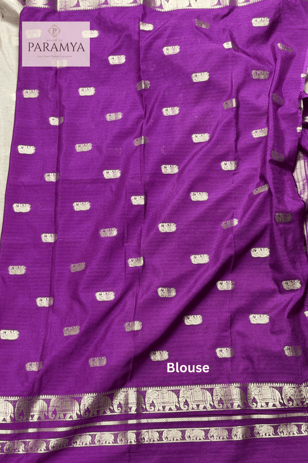 Mysore Crape Silk Saree Blouse detail — elephant motif zari border close-up | House of Paramya