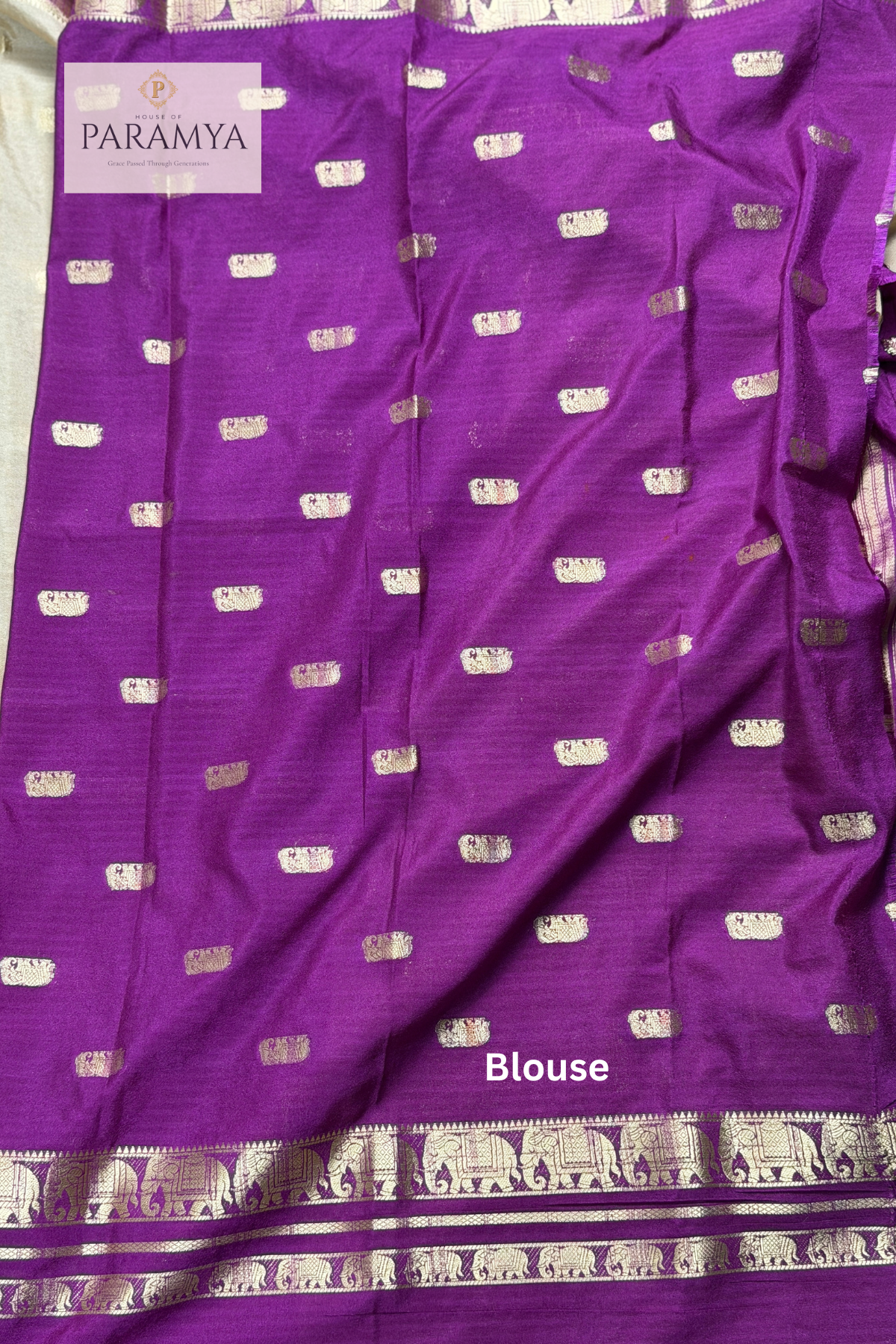 Mysore Crape Silk Saree in Beige and Purple with Elephant Motifs