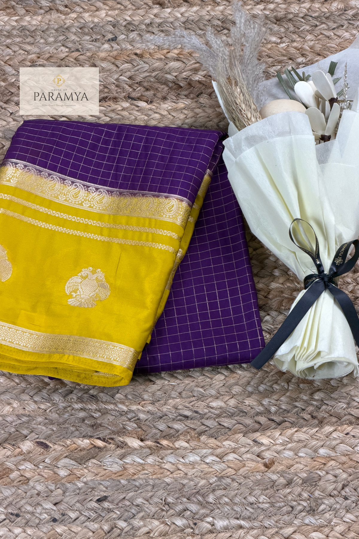 Royal Purple Checked Mysore Silk Saree with Gandaberunda Motifs