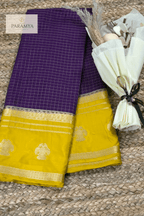Royal Purple Mysore Silk Saree Open view — checked purple body with Gandaberunda motif temple border | House of Paramya