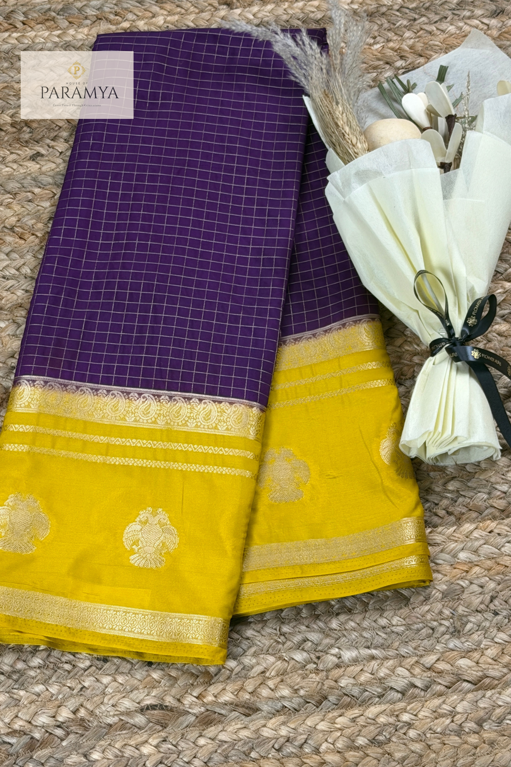 Royal Purple Checked Mysore Silk Saree with Gandaberunda Motifs