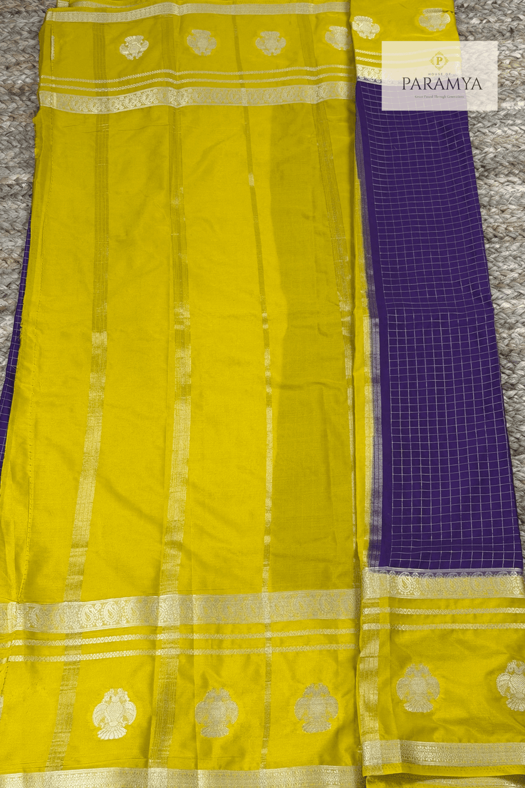 Royal Purple Mysore Silk Saree Pallu view — checked purple body with Gandaberunda motif temple border | House of Paramya