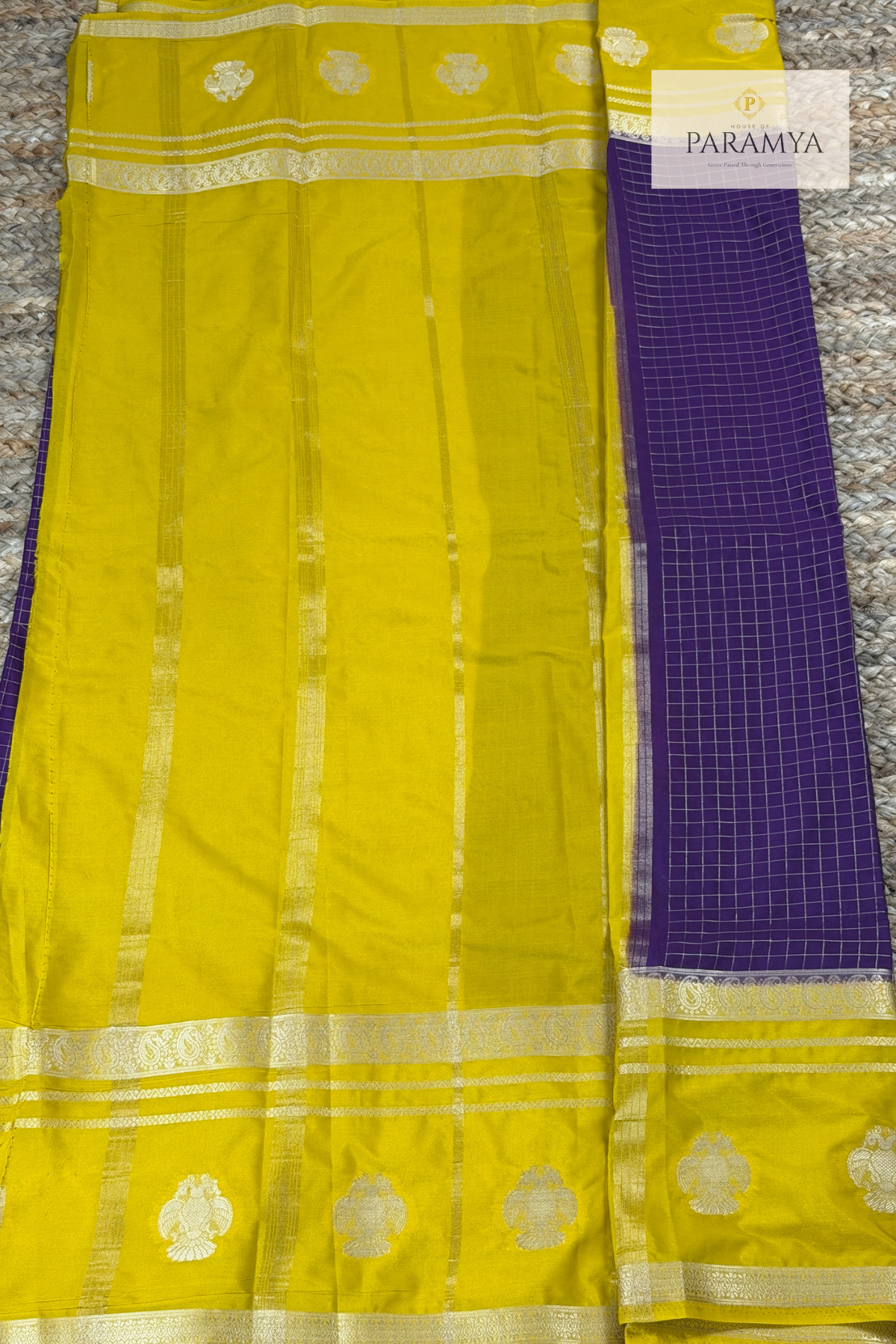 Royal Purple Checked Mysore Silk Saree with Gandaberunda Motifs