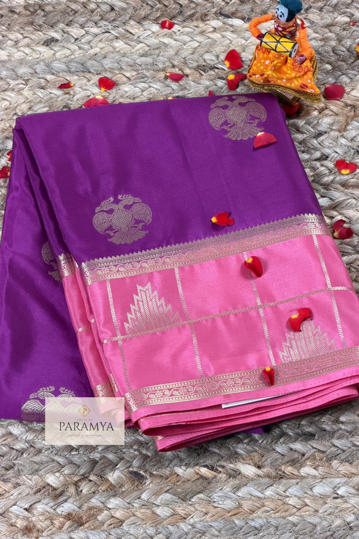 Royal Purple Mysore Silk Saree with Gandaberunda Motifs & Temple Border