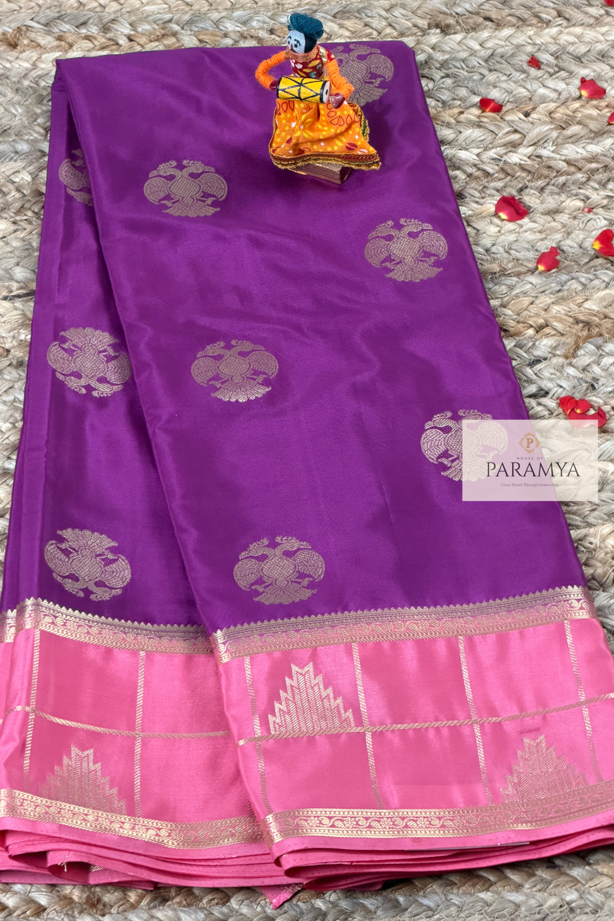 Royal Purple Mysore Silk Saree with Gandaberunda Motifs & Temple Border