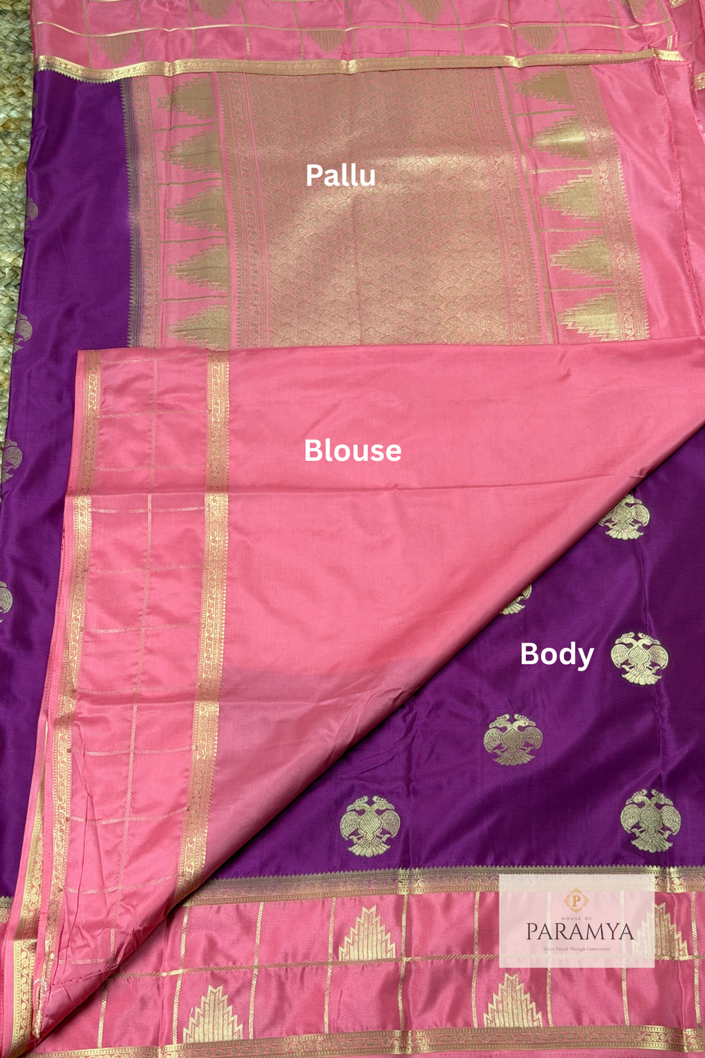 Royal Purple Mysore Silk Saree with Gandaberunda Motifs & Temple Border
