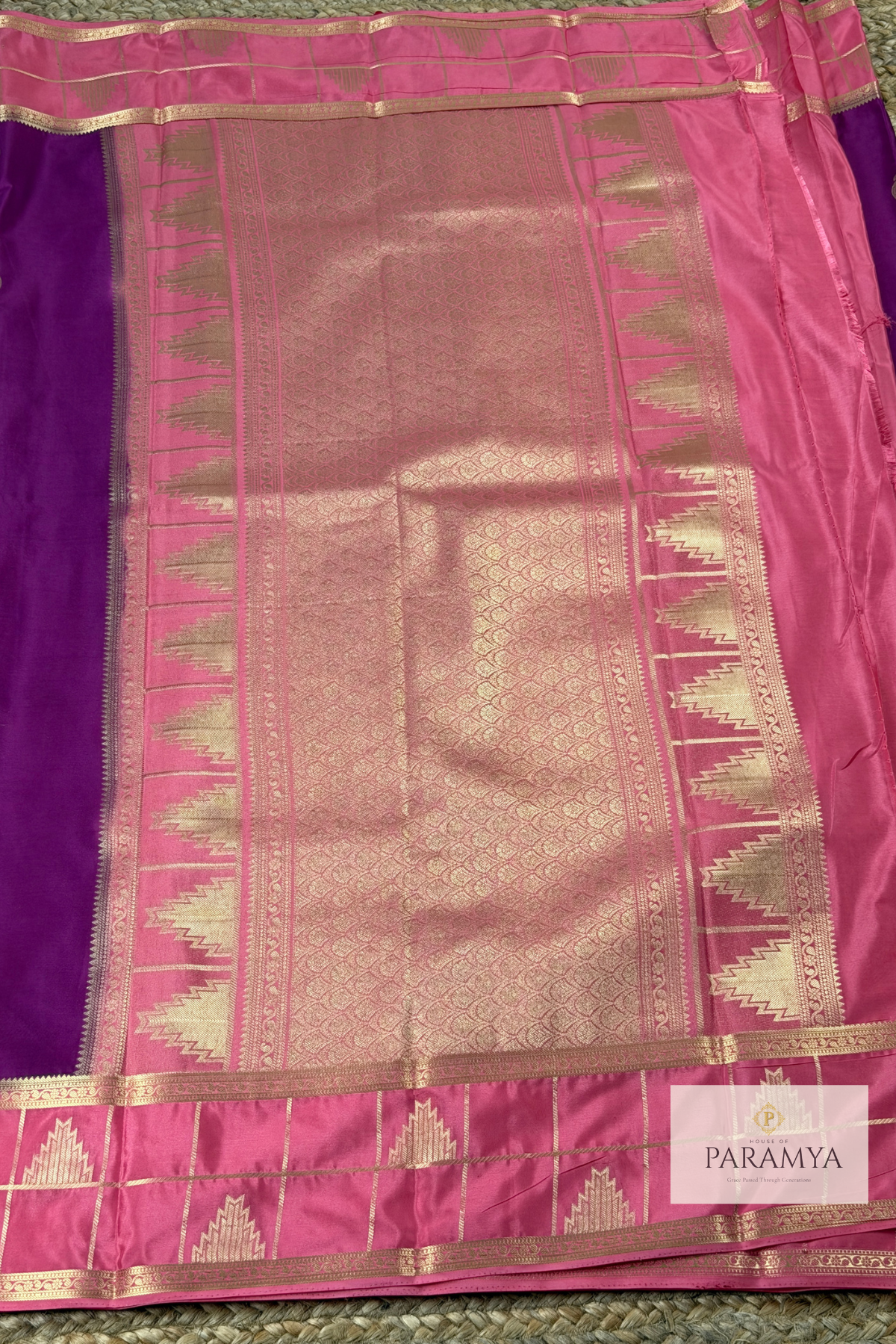 Royal Purple Mysore Silk Saree with Gandaberunda Motifs & Temple Border