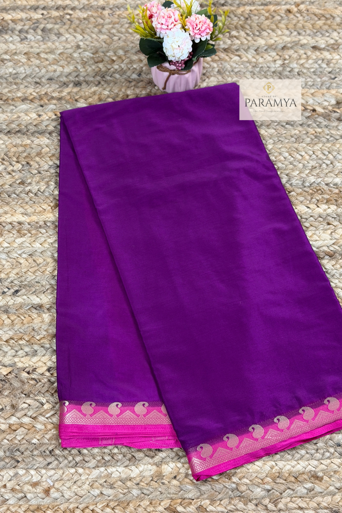 Purple Mysore Silk Saree with Pink Peacock Zari Border