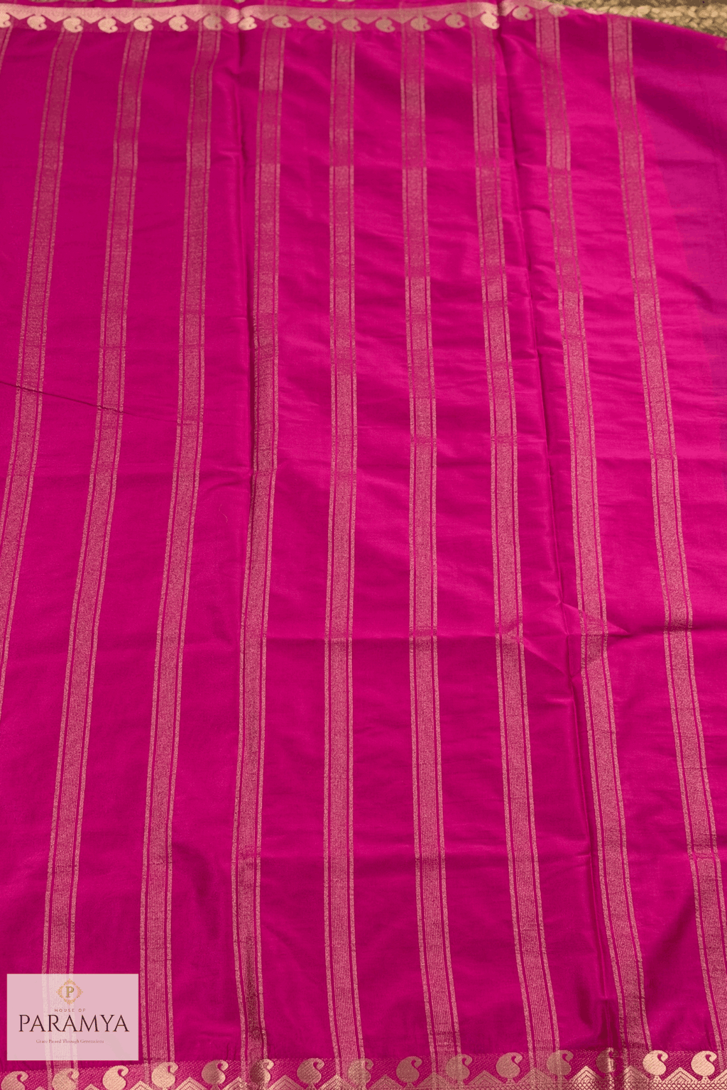 Purple Mysore Silk Saree Pallu view — pink contrast pallu with peacock zari weave | House of Paramya