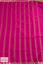 Purple Mysore Silk Saree Pallu view — pink contrast pallu with peacock zari weave | House of Paramya
