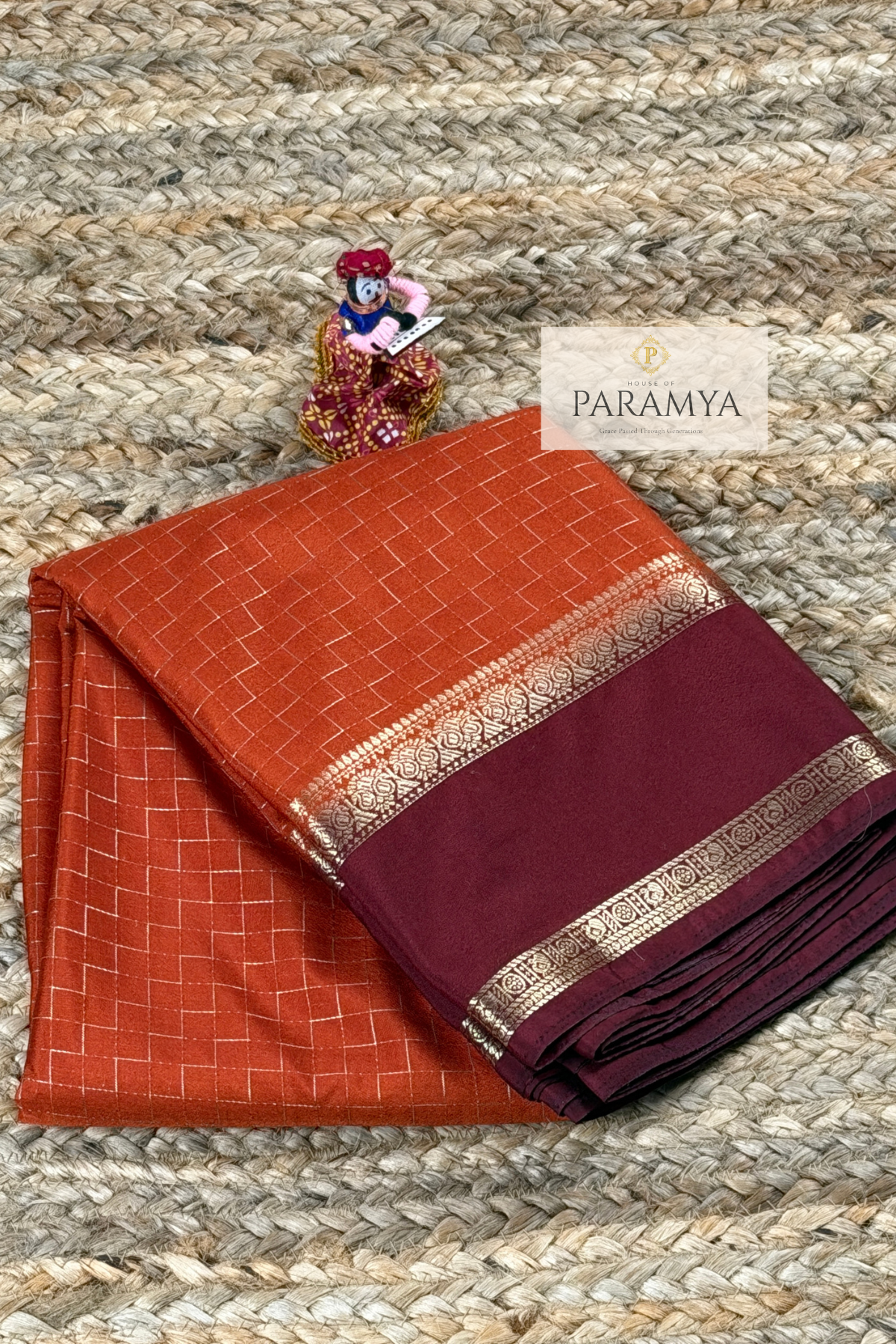 Premium Mysore Silk Saree in Rust Orange & Deep Brown border