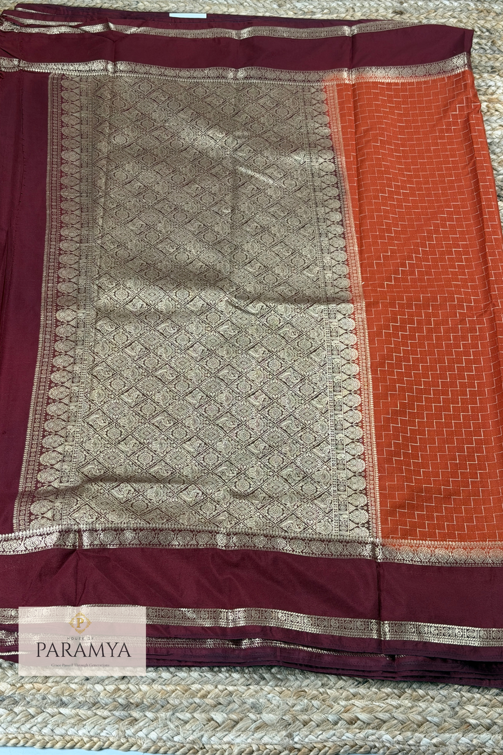 Premium Mysore Silk Saree in Rust Orange & Deep Brown border